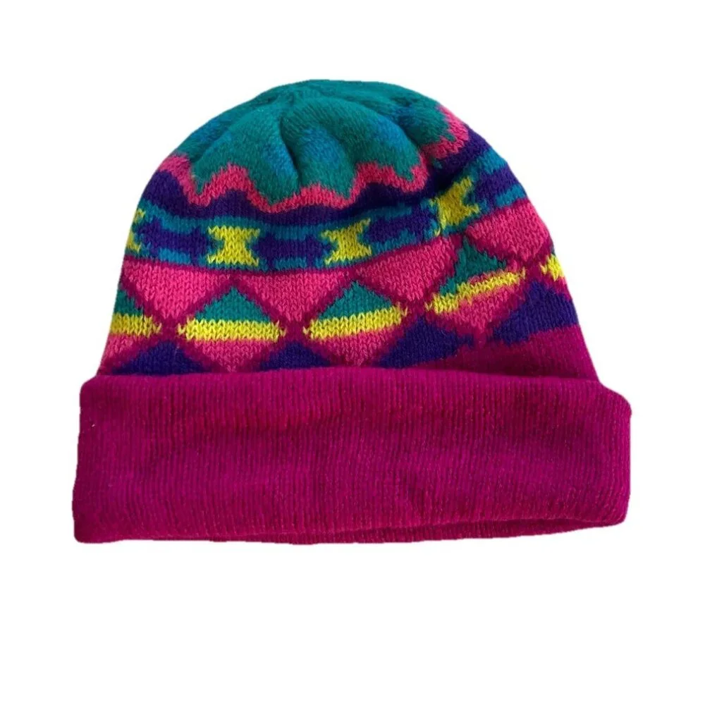 Vintage 90s Fleece Lined Acrylic Navajo Aztec Teal Purple Geometric Beanie Girls